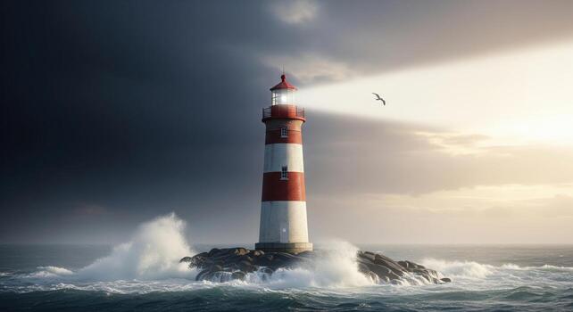 Lighthouse on Rocky Outcrop with Crashing Waves and Dramatic Sky. photo