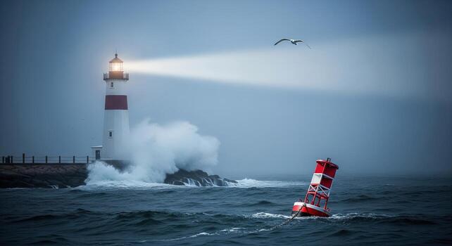 Lighthouse Illuminates a Stormy Sea with Crashing Waves. photo