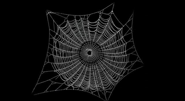 Intricate Spiderweb Pattern with Morning Dew Drops. photo