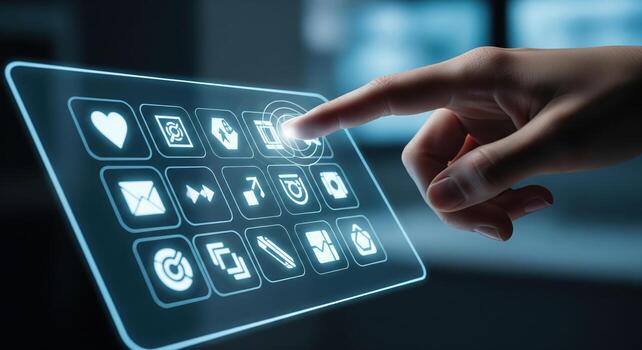 Hand Touching Futuristic Digital Interface with Glowing Icons. photo