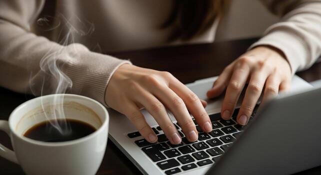 Hands Typing on Laptop with Coffee. photo