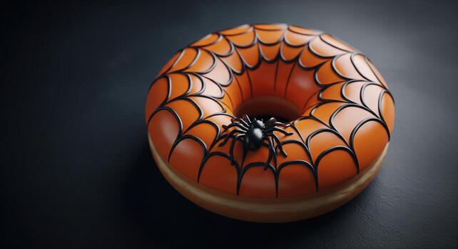 Halloween Donut with Spiderweb and Spider Decoration. photo
