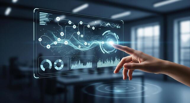 Futuristic Interface Hand Interacting with Data Visualization. photo