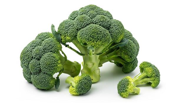 Fresh Green Broccoli Florets and Stems Isolated on White Background. photo