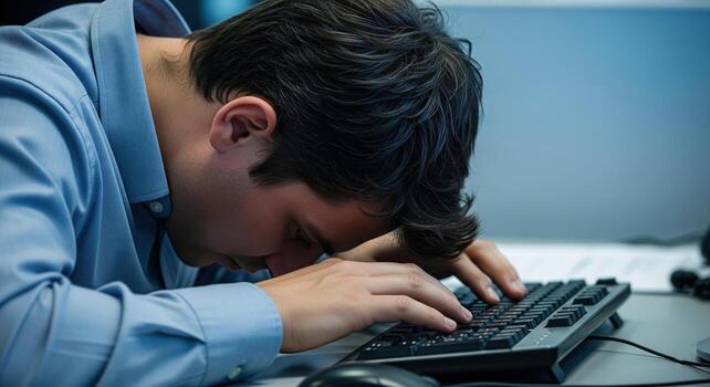 Exhausted Man Resting Head on Keyboard. photo