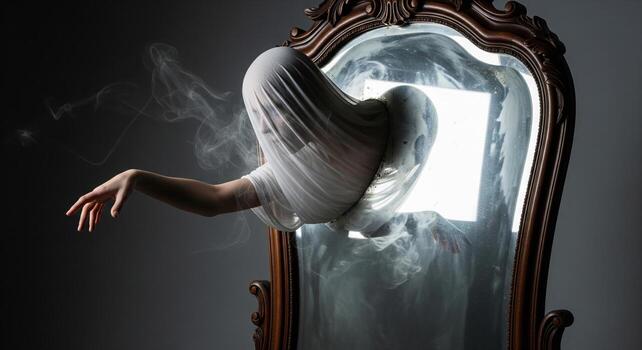 Ethereal Ghostly Figure Emerging From a Haunted Mirror. photo