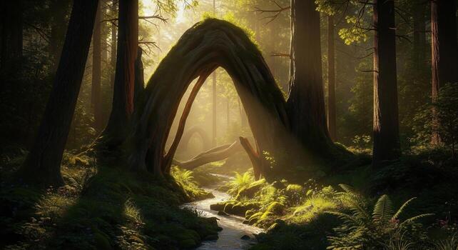 Enchanted Forest Archway with Sunlit Stream. photo