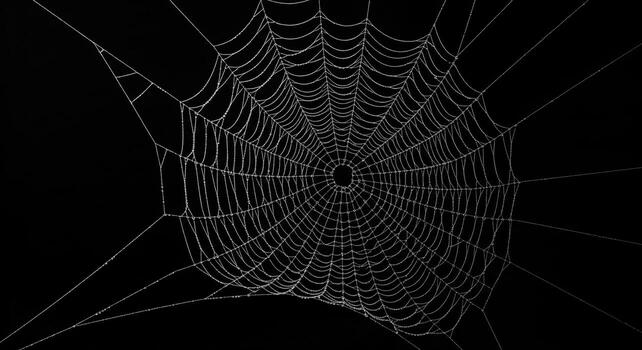 DewCovered Spiderweb on Black Background. photo