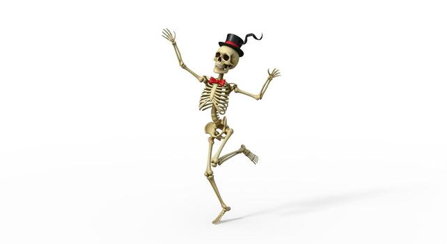 Dancing Skeleton with Top Hat and Bow Tie on White. photo