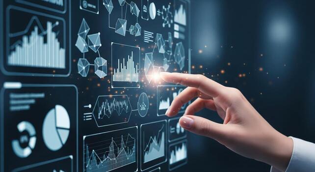Data Analysis Touchscreen Interface with Hand Interaction. photo