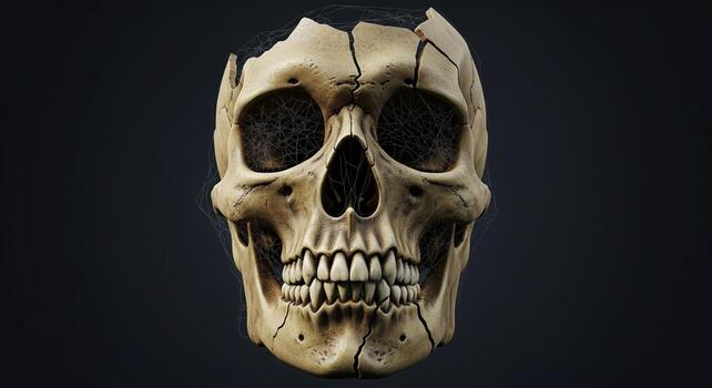 Cracked Skull with Webbing Detail on Dark Background. photo