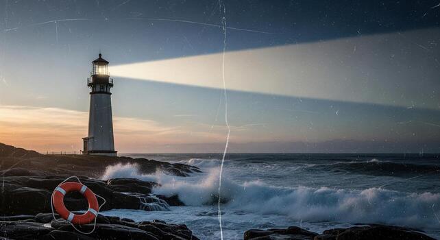 Coastal Lighthouse with Lifebuoy and Crashing Waves at Sunset. photo