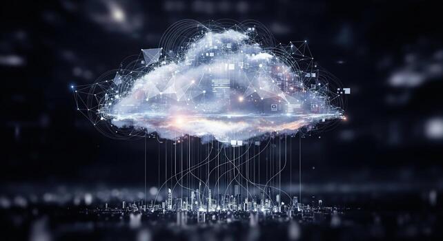 Cloud Computing Network Connecting City Skyline. photo