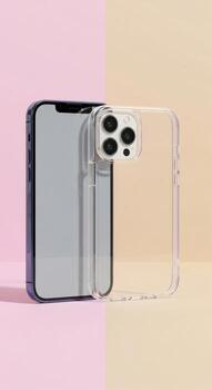 Clear Phone Case and Smartphone on Pastel Background. photo