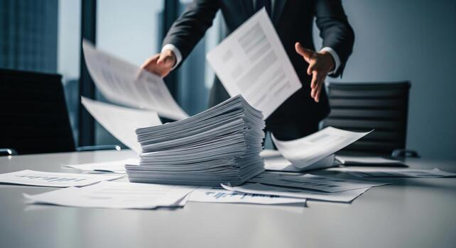Businessman Handling Documents and Paperwork in Office. photo