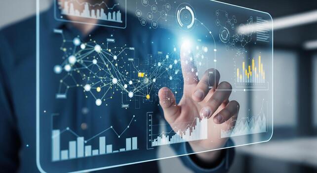 Businessman analyzing financial data on a futuristic virtual interface screen. photo