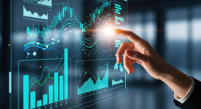 Businessman Analyzing Financial Data on a Futuristic Touchscreen Interface. photo