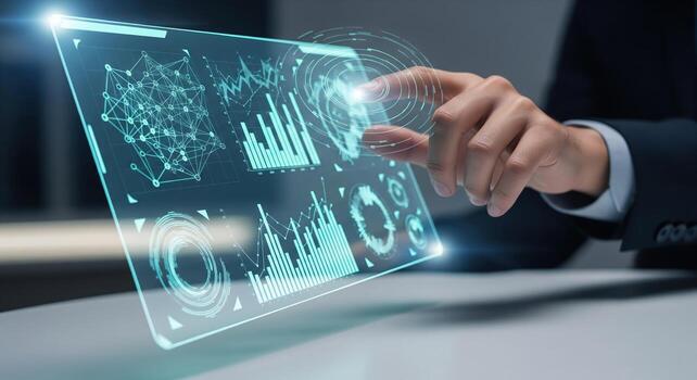 Businessman Analyzing Data on a Futuristic Holographic Touchscreen Interface. photo