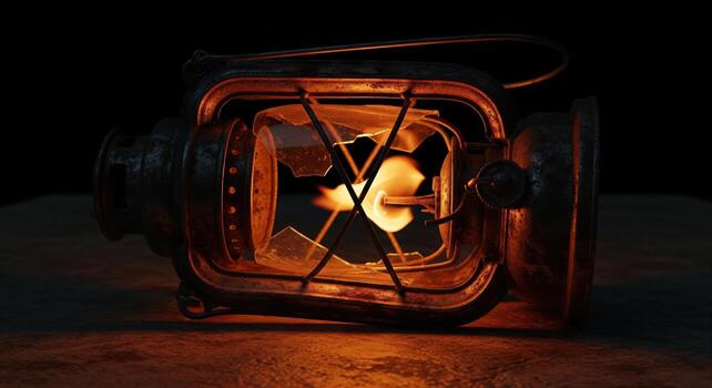 Broken Antique Kerosene Lantern Glowing in the Dark. photo