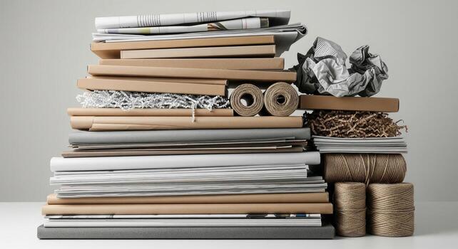 Recycled Paper and Cardboard Stacked High. photo