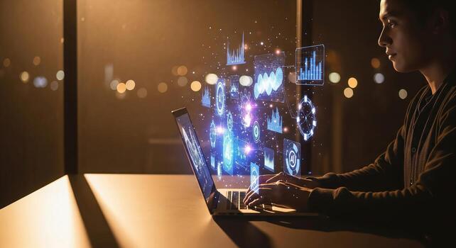 Man Working on Laptop with Futuristic Holographic AI Data Interface. photo