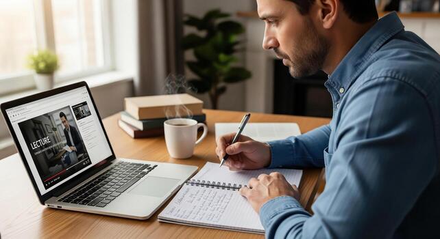 Man Studying Online Taking Notes from Laptop Lecture. photo