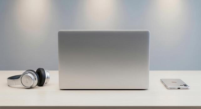 Laptop Headphones and Phone on Desk. photo