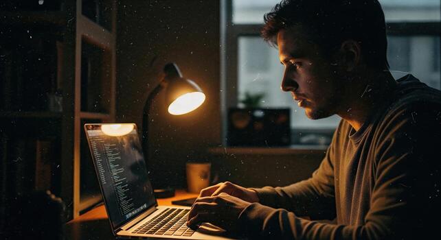 Focused Programmer Coding Late Night. photo