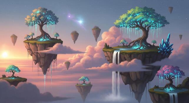 Enchanted Floating Islands with Bioluminescent Trees and Waterfalls. photo