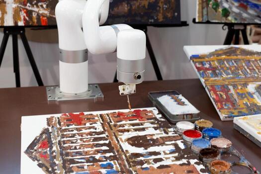 Robot creating artwork using paint on canvas, symbolizing fusion of artificial intelligence and creativity. Perfect representation of AI role in modern art and creative industries photo