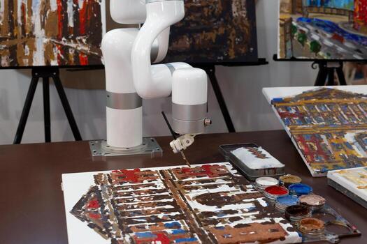 Robotic arm creating painting, symbol of artificial intelligence entering the world of art. Fusion of creativity, innovation and future technology in artistic expression photo