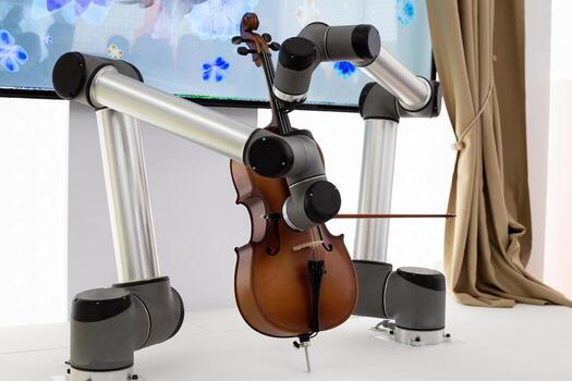 Robot performing art with violin, representing the future of creativity and human replacement by advanced technology. The image reflects the fusion of robotics and artistic expression photo