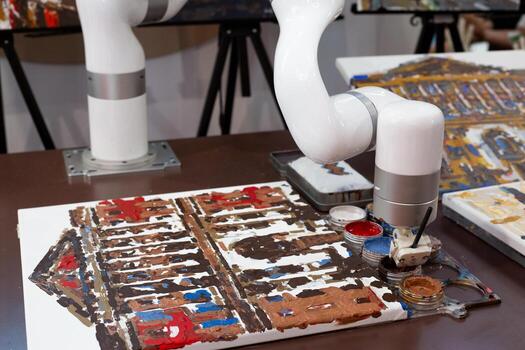 Robotic arm painting on canvas, symbolizing automation replacing human creativity. Representation of artificial intelligence competing with humans in art and design professions photo