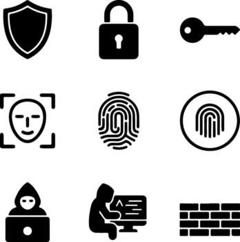 Collection of cybersecurity icons featuring shield lock key face scan fingerprint and hacker silhouette vector
