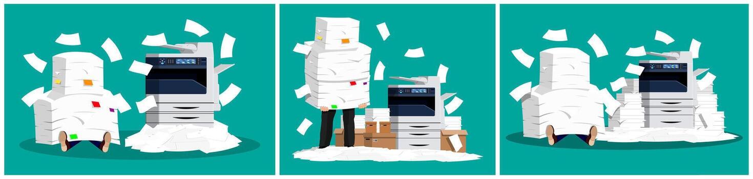 Messy office with overflowing papers and printer vector