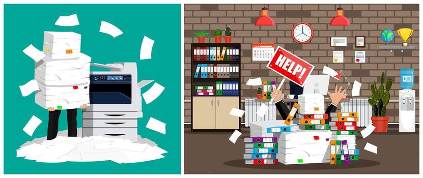 Office paper chaos and printing trouble vector