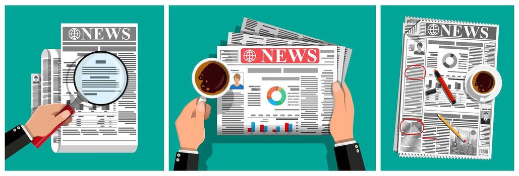 Hands holding newspaper and coffee vector