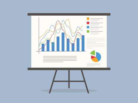 Graphs on the whiteboard. Statistics data analysis business, stand flip chart vector