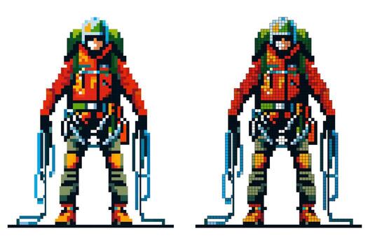 Two pixel art characters in action gear vector