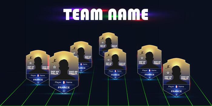 fútbol jugador tarjetas con silueta avatares arreglado en un equipo póngase en fila en un oscuro antecedentes con neón cuadrícula y texto marcador de posición vector