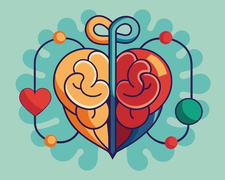 A whimsical illustration of two brains forming a heart, symbolizing emotional intelligence and interconnectedness, set against a light teal background with playful elements. vector