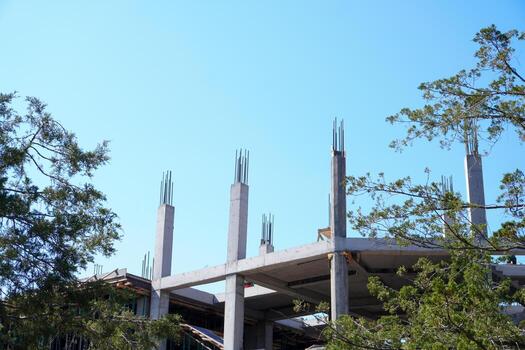 A concrete building framework with vertical pillars and metal rebar protruding. The sky is clear blue, and green trees are visible in the foreground. photo
