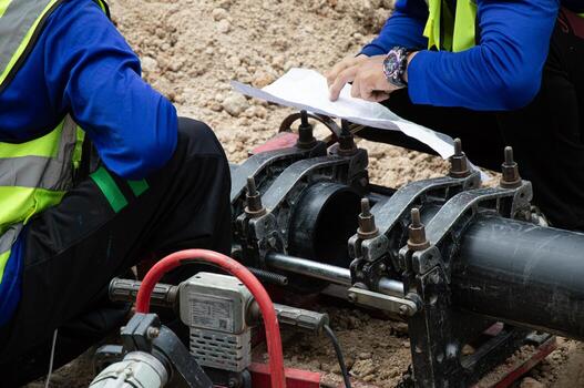 Engineers are looking at blueprints and using tools to connect pipes. photo