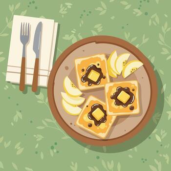 Breakfast Plate with Toast Chocolate and Apple Slices. vector