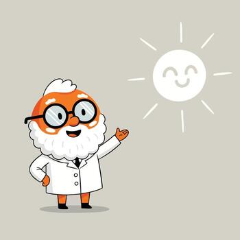 Cartoon scientist pointing towards a smiling sun weather concept. vector