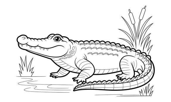 Cartoon Alligator Outline in Swampy Environment with Reeds crocodile reptile vector