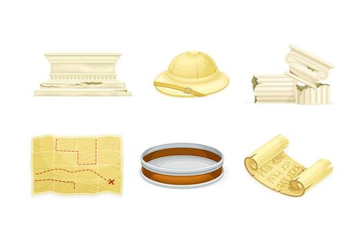 Artifacts, map, explorer's hat, ancient scrolls vector