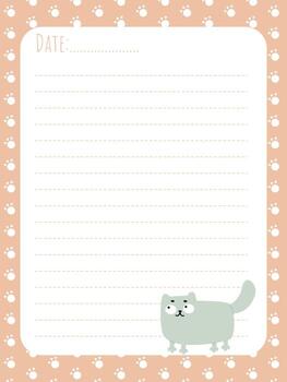 Diary page with a funny cat and paw print background in a simple flat style vector