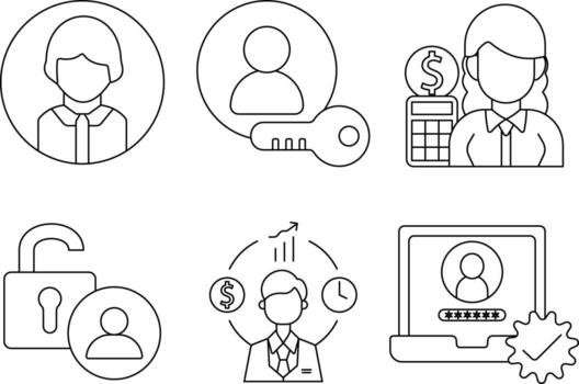 User account line editable icon set featuring profile, login, finance, unlock, business management, and account security. Easy to customize. vector