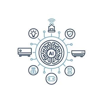 A I Smart Home System Network Diagram Blue and Dark Blue Line Icons Centralized Brain Circuit Board Smart Home Devices Internet of Things Io T Technology vector